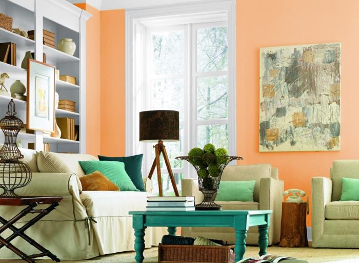 sisustus oloideat olohuone vaaleat seinät oranssi vaaleanvihreä huonekalut