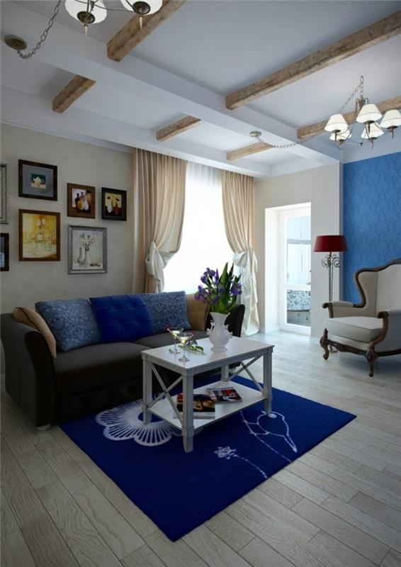 sisustus olohuone sininen matto kukkakuvio lattia