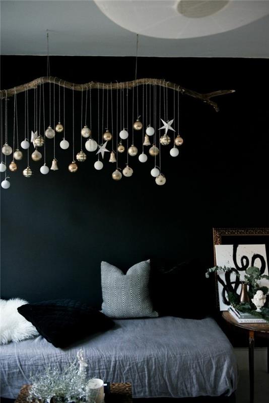 sisustus epätavallinen deco ideoita makuuhuone driftwood joulu tumma seinä