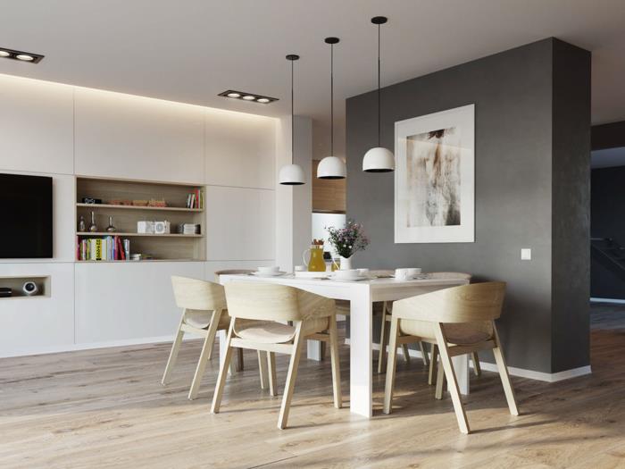 sisustus ruokasali perustaa puiset huonekalut harmaa aksentti seinä