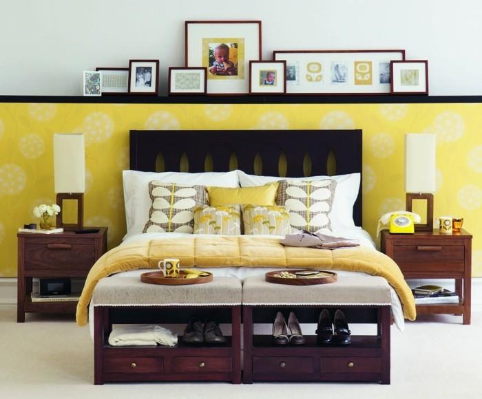 sisustus makuuhuoneen suunnittelu retro tyyli keltainen seinämaalaus tapetti