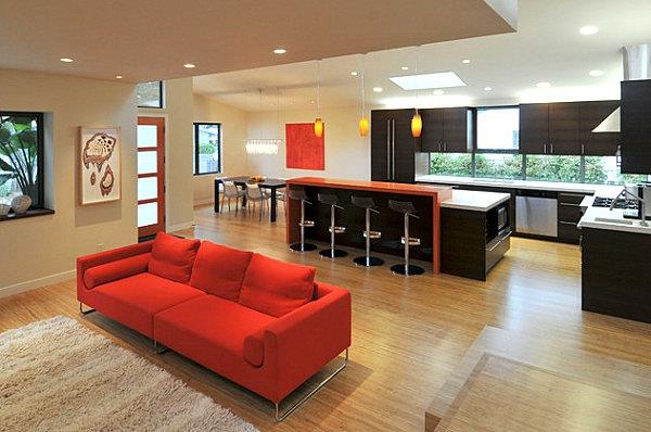 innovatiivinen keittiöbaari suunnittelee baarituolin punaisen sohvan