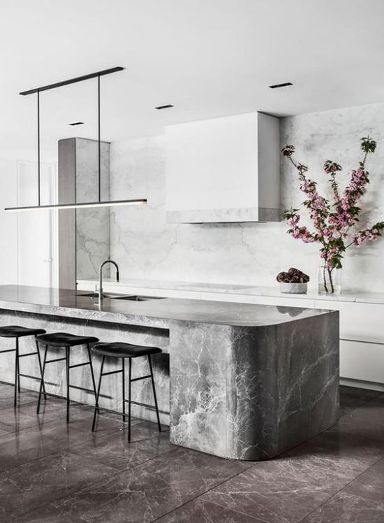 Integroitu liesituuletin moderni keittiö harmaa Harmaa marmorinen keittiösaari