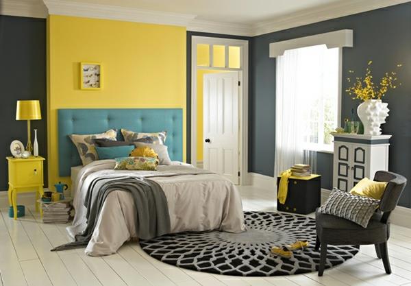 mielenkiintoinen värimaailma keltainen seinä sininen pääty makuuhuone
