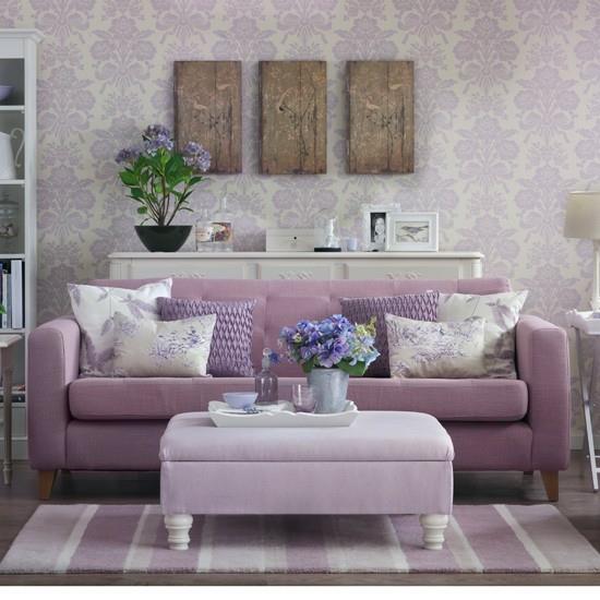 sisustus koti ideoita femenin olohuone pastelli violetti