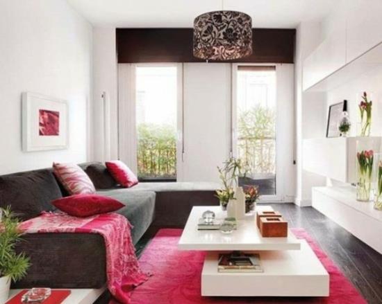 sisustusideoita naisten olohuone kirkkaan vaaleanpunainen sohva harmaa