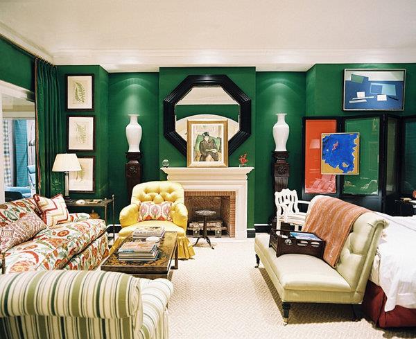 smaragdinvihreä sisustus seinärakennus verhot moderni sisustus