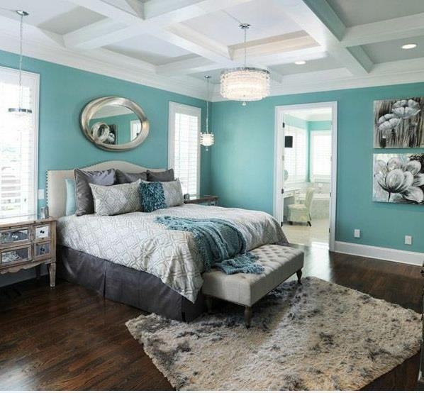sisustus makuuhuoneen väriideat seinän suunnittelu turkoosi sänky