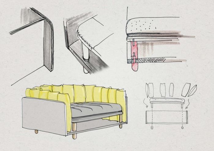 italialaiset pehmustetut huonekalut pieni sohva re cinto luonnoksia