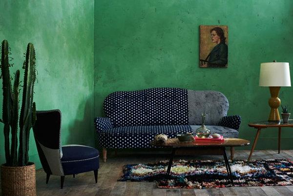 jade vihreä seinäkoriste olohuoneen sohva täplikäs sininen valkoinen