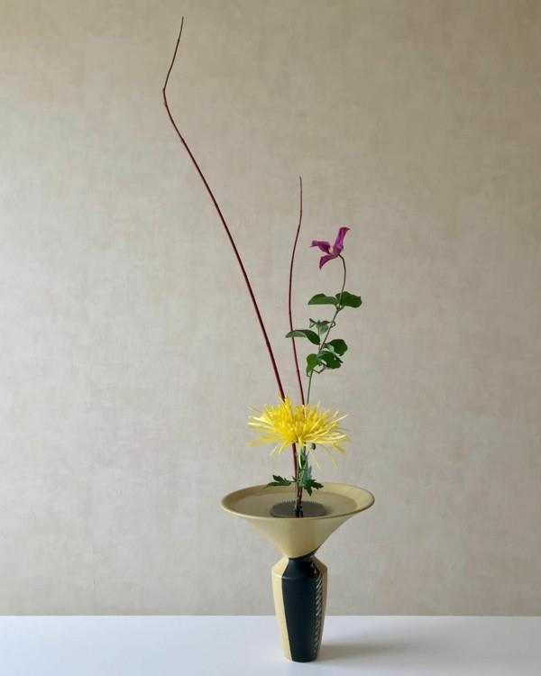 japanilainen kukka -asetelma ikebana keltainen krysanteemi