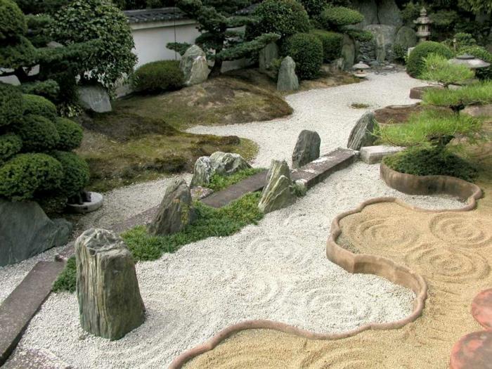 japanilaisen puutarhan maisemointiideoita pikkukiviä luonnonkiviä kivilohkoja hiekkaa