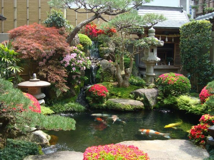 japanilainen puutarha puutarha lampi koi karppi kivi lyhdyt asalia havupuut