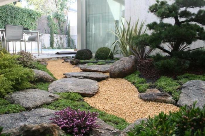 japanilainen puutarha piha kivilaatat luonnonkivet pikkukivet havupuut