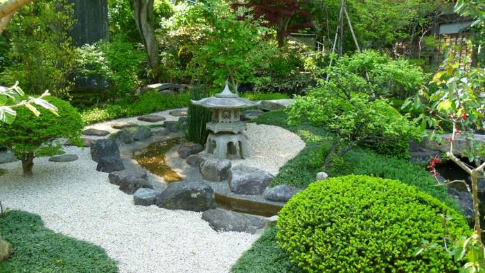 japanilainen puutarha luonnonkivet pikkukivet vihreät kasvit kivilyhdyt puutarhasuunnittelu