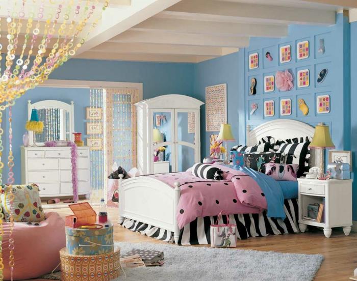 nuoriso sänky tyttö huone sisustus nuoriso huone sininen seinä väri valkoinen huonekalut