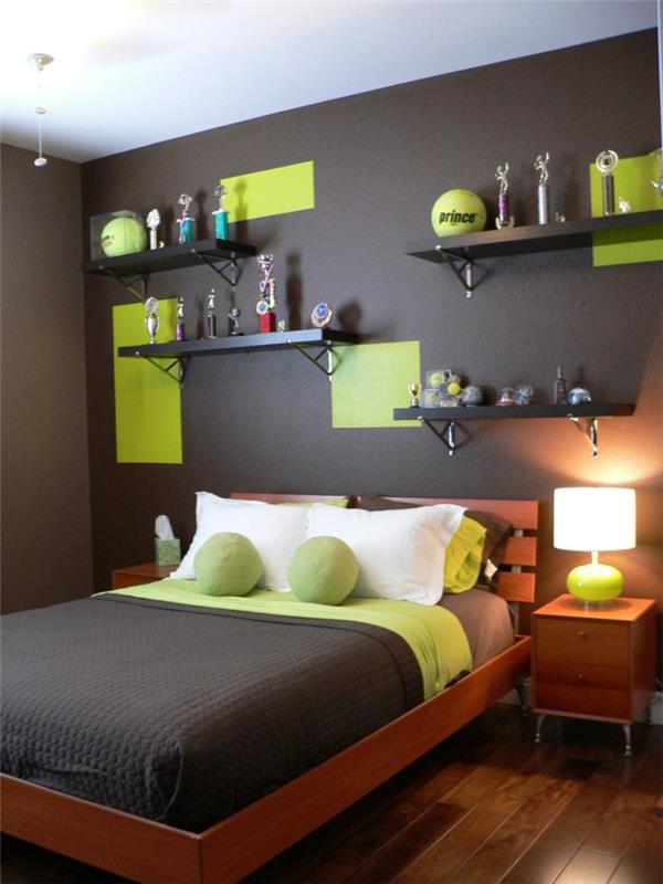 sisustus nuorten huoneet vihreä aksentti harmaa seinämaali kaunis sängynpääty