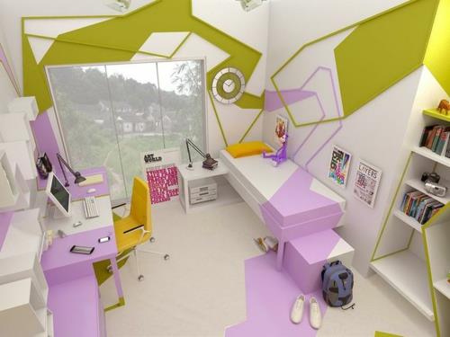 nuorten huoneen sisustusideoita moderni tyylikäs violetti vihreä sänky oppimisnurkkaus