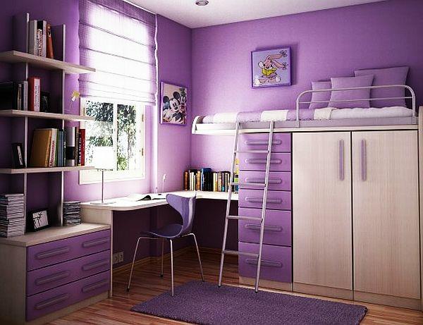 nuorisohuone tyttö violetti seinäsuunnittelu kerrossänky