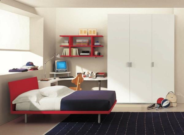 nuorisohuoneen kalusteet poikien huone punainen sänky tummansininen matto