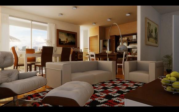 ruudullinen matto-valkoinen-sohva-lattiavalaisin-olohuone ja ruokailuhuone