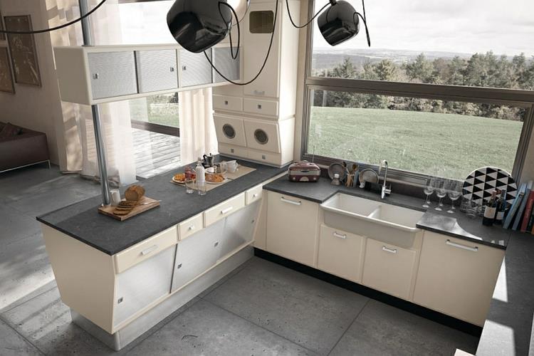 keittiön suunnitteluideat retro -tyylinen työtaso graniittibetonilaatat iso ikkuna -alue