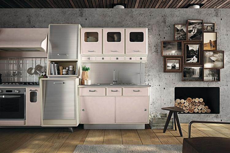 design keittiö keittiökaapit retro tyylinen työtaso liesi seinä betoni näyttää