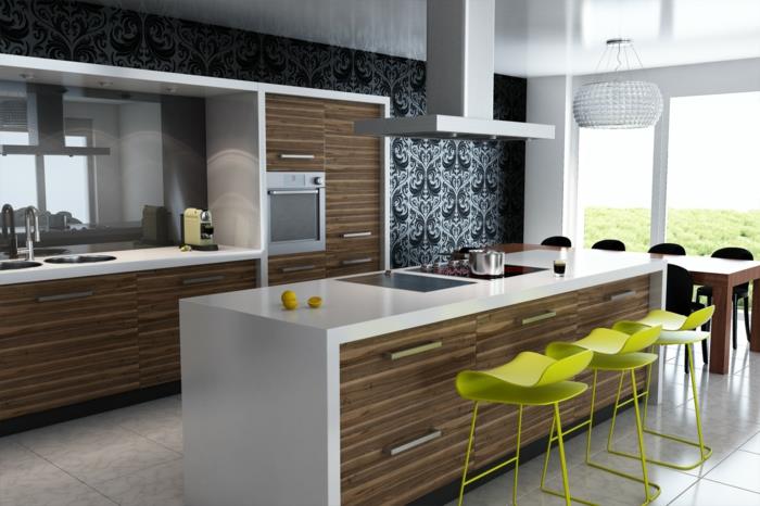 keittiön seinän suunnittelu tyylikäs keittiötaustakuva vihreä baarituoli keittiösaaren laatikot
