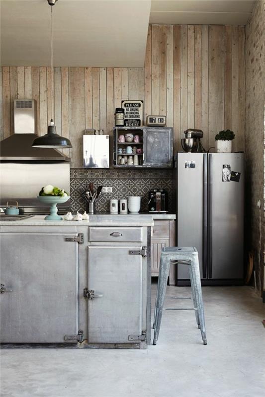 keittiön seinän suunnittelu puupaneelit tiiliseinä harmaa keittiösaari