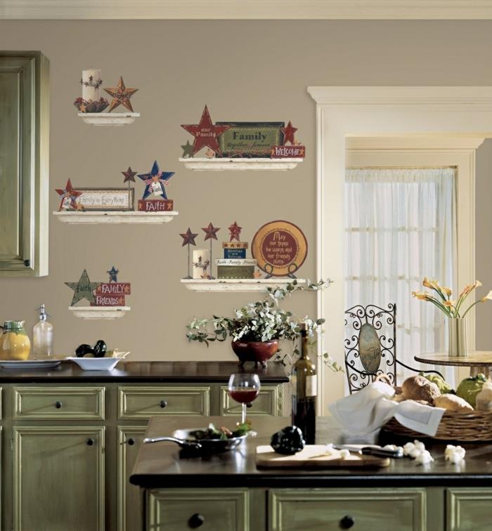 keittiön seinän suunnitteluideoita seinätarrat vaaleanvihreät keittiökaapit