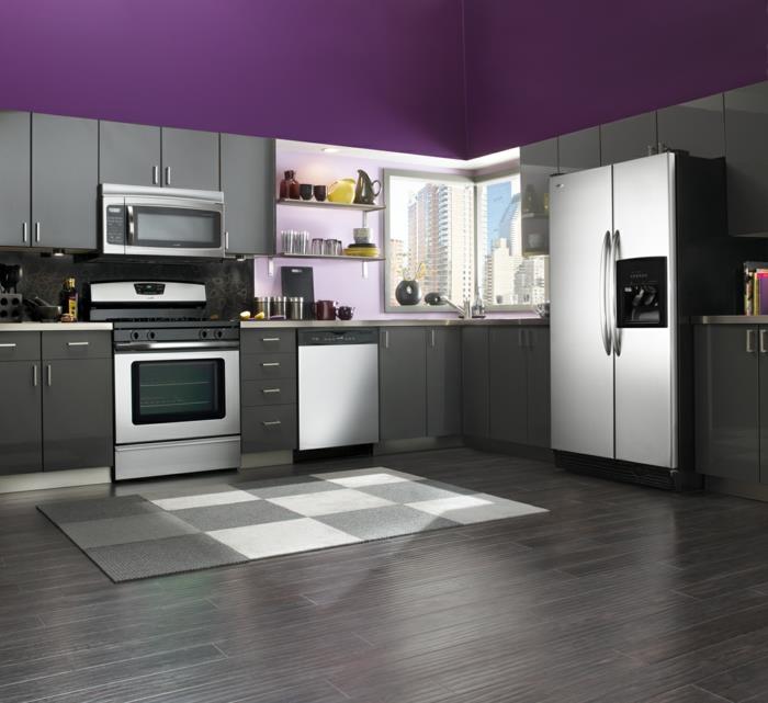 keittiön seinien suunnittelu violetit seinät harmaat keittiökalusteet