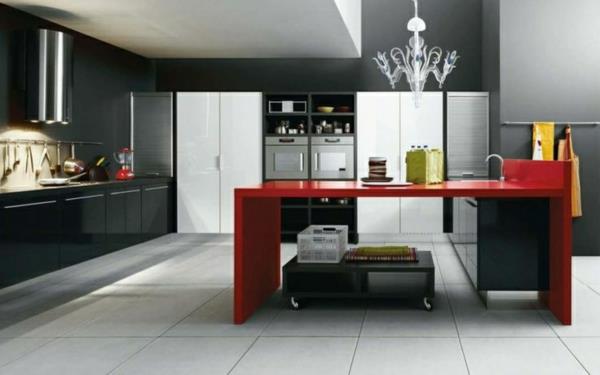 keittiön suunnittelu seinän väri harmaa sävyt moderni punainen pöytä