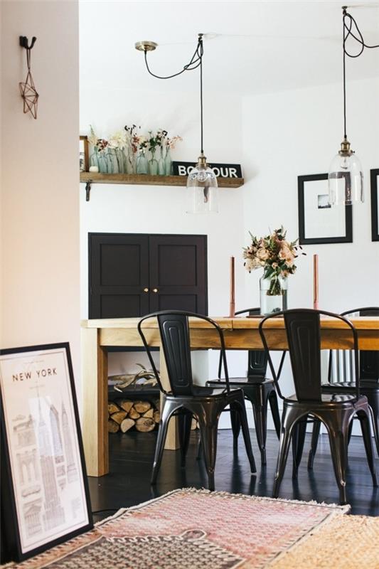keittiöideat teollinen ruokasali mustat tuolit vaalea puinen pöytä