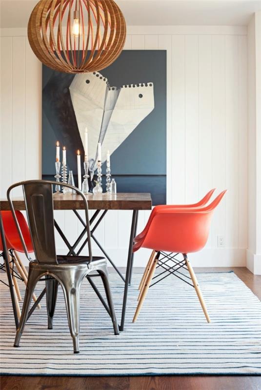 ruokapöydän tuolit käsinojilla keittiöideoita moderni ruokasali teollisen näköinen raidallinen matto