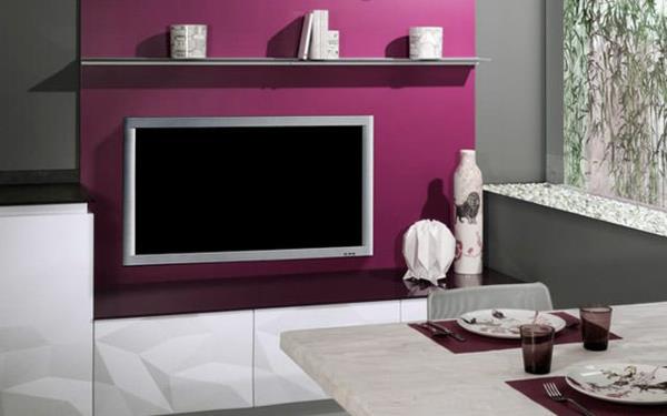 keittiön suunnittelu ruokapöytä violetti seinä -tv 3D -pinta