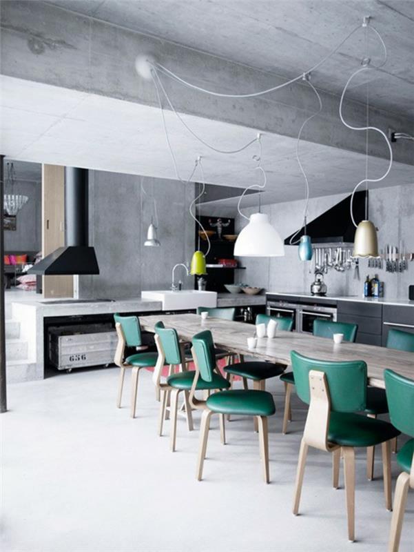keittiön suunnitteluideat teollisen tyylin riippuvalaisimet vihreät keittiön tuolit