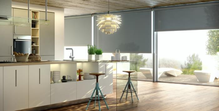 keittiö design keittiön ikkuna aurinkosuoja yksityisyysnäyttö moderni muotoilu ikkunaluukut Paul Henningson riippuvalaisin