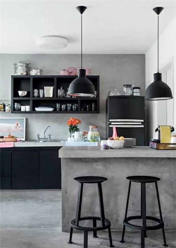 keittiön suunnittelu keittiösaaren riippuvalaisimet musta betoni