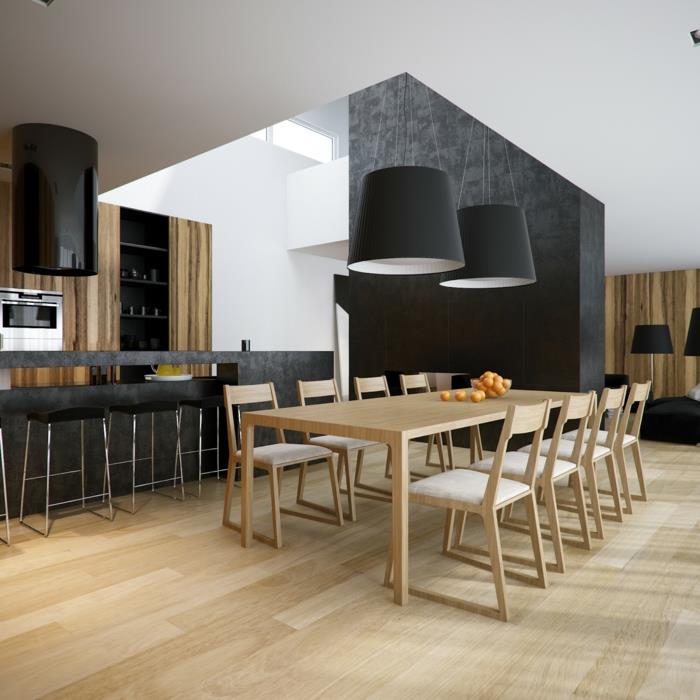 keittiön suunnittelu minimalistinen sisustus puulattia musta aksentti