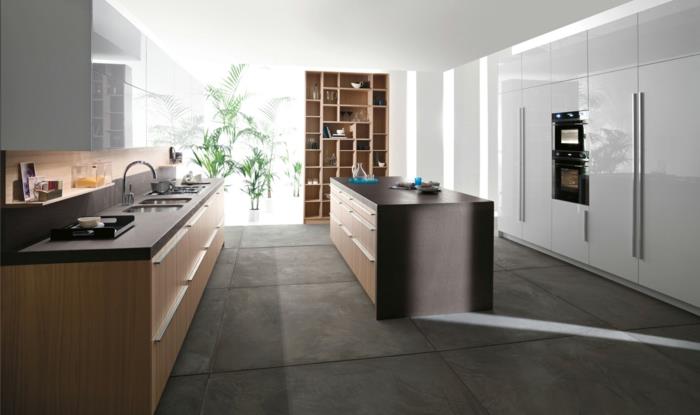 keittiön suunnittelu moderni keittiö suuret lattialaatat vapaasti seisova keittiösaari