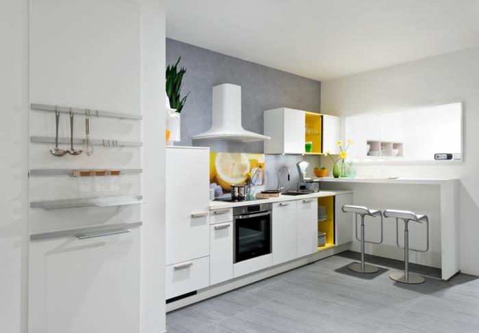 keittiön suunnittelu nolte keittiö keltainen aksentti valkoinen keittiökalusteet