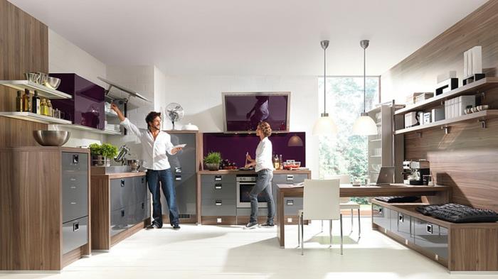 keittiön suunnittelu nolte keittiö violetti aksentti kasvit riippuvalaisimet avoimet hyllyt