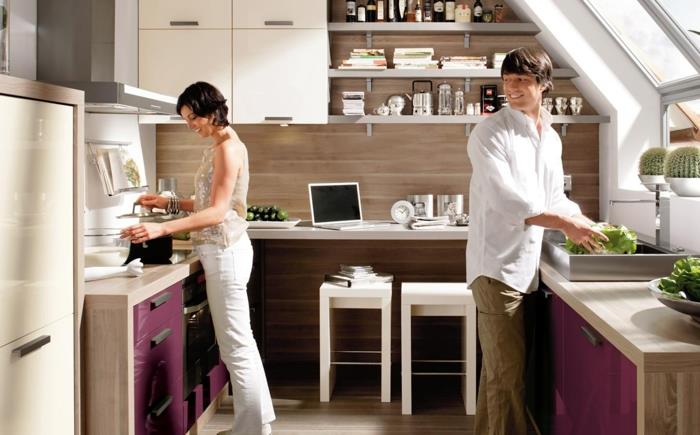 keittiön suunnittelu nolte keittiö violetti aksentti valkoinen baarituoli