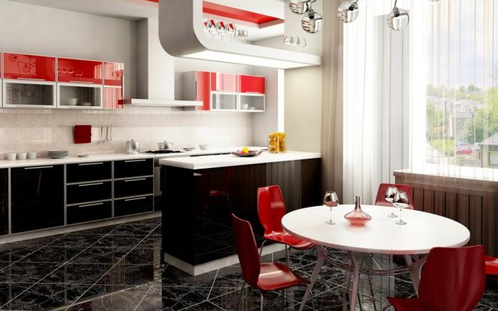 keittiön suunnittelu punainen keittiön tuolit pyöreä ruokapöytä kauniit lattialaatat