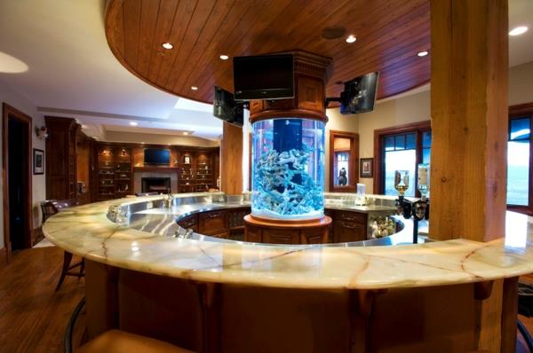 keittiön suunnittelu pyöreä baari laskuri akvaario katto valaistus