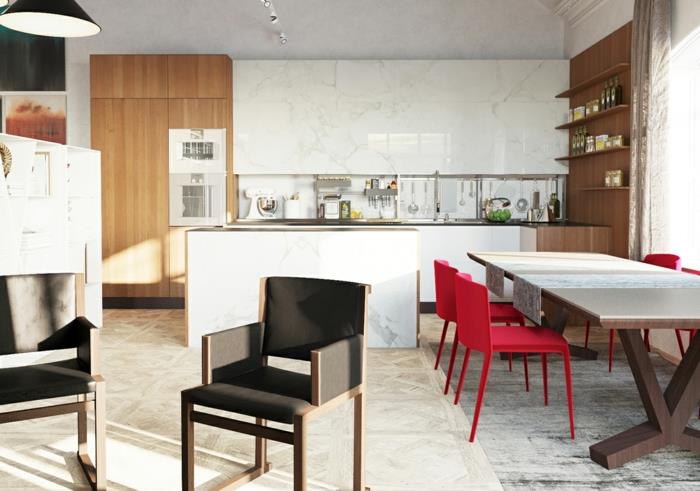 keittiön suunnittelu seinäpaneelit keittiösaari keittiön pöytä punainen keittiön tuolit