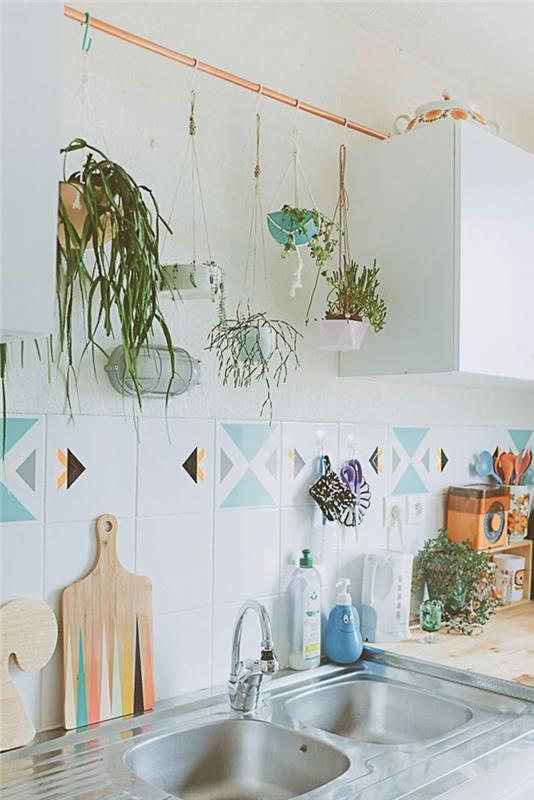 keittiökalusteet epätavallisia koriste -ideoita riippuvat kasvit värilliset keittiölaatat