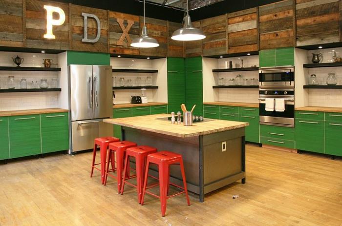 keittiön suunnittelu vihreä keittiökaapit punainen baarituoli
