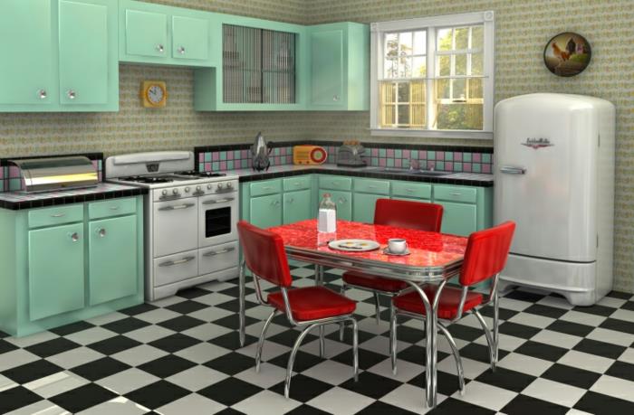 keittiökalusteet retro -tyylinen jääkaappi celadon vihreät kaapit matto lattialaatat