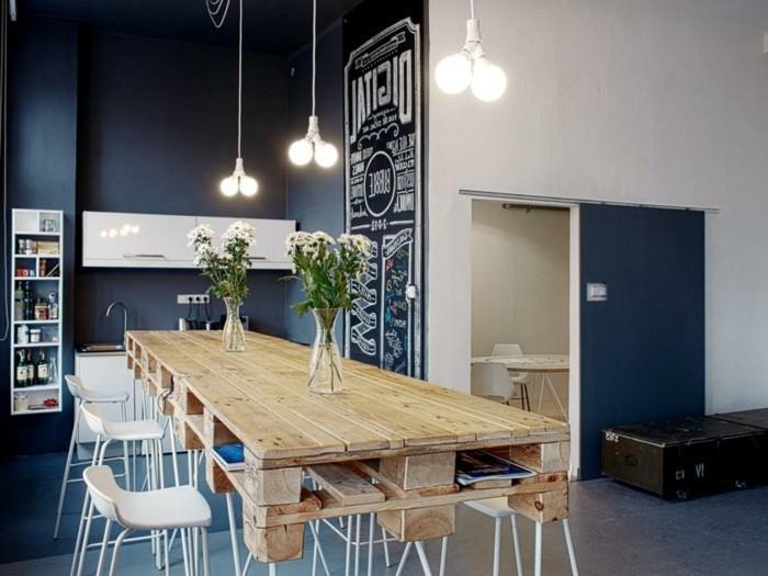 keittiön värit tummansininen keittiön seinät ja puinen pöytä